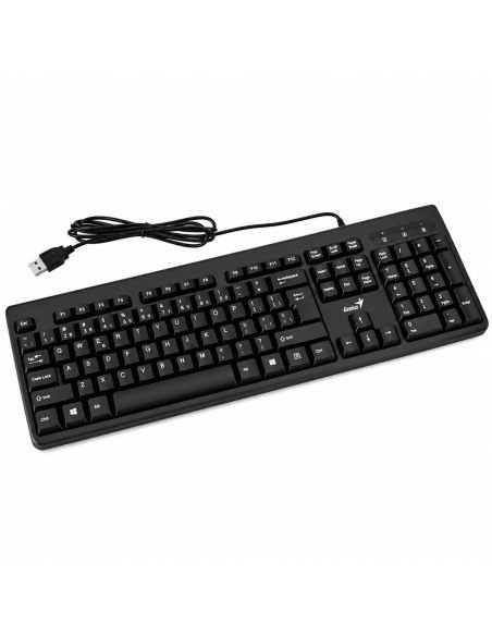 Teclado Genius alámbrico en ángulo, con su cable USB enrollado