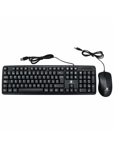 Teclado y mouse del combo vistos desde arriba, con sus cables USB