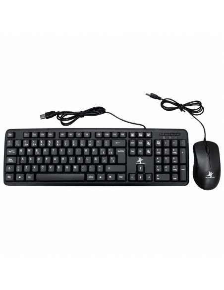 Teclado y mouse del combo vistos desde arriba, con sus cables USB