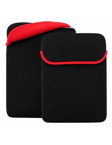 Funda de neopreno negra con ribete rojo para portátil, vista por fuera y por dentro
