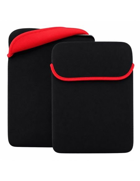 Funda de neopreno negra con ribete rojo para portátil, vista por fuera y por dentro