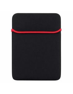 Funda de neopreno negra con ribete rojo para portátil, vista por fuera y por dentro 2