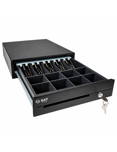 Cajon monedero SAT 119X negro para punto de venta, en angulo