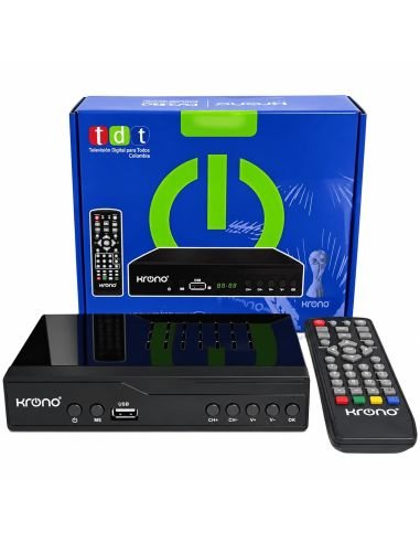 Decodificador Krono KR-360 con su caja y el sello TDT Colombia