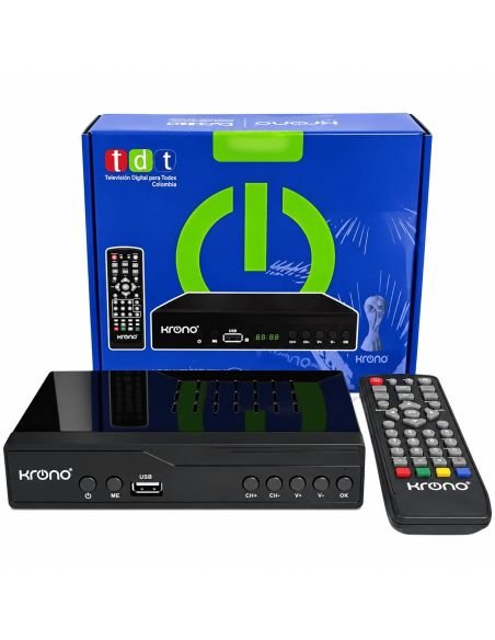 Decodificador Krono KR-360 con su caja y el sello TDT Colombia
