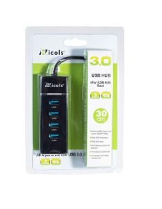 Hub USB 3.0 de cuatro puertos Nicols en su empaque original