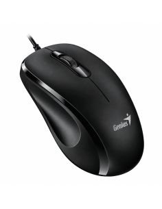 Mouse Genius DX-101 alambrico negro, vista tres cuartos con el logotipo Genius