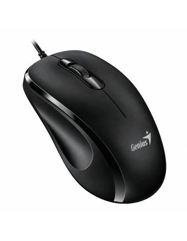 Mouse Genius DX-101 alambrico negro, vista tres cuartos con el logotipo Genius