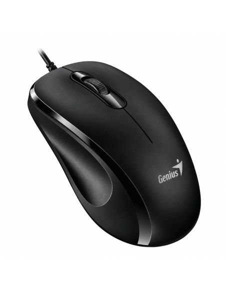 Mouse Genius DX-101 alambrico negro, vista tres cuartos con el logotipo Genius