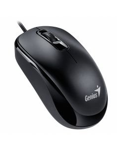 Mouse Genius DX-120 alambrico negro, vista tres cuartos con el logotipo Genius