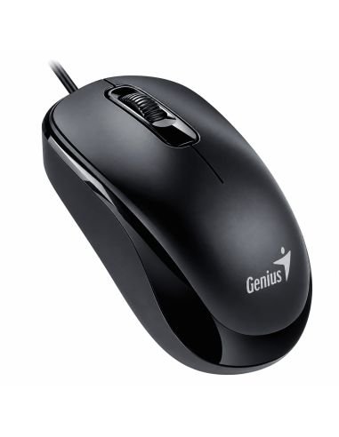 Mouse Genius DX-120 alambrico negro, vista tres cuartos con el logotipo Genius