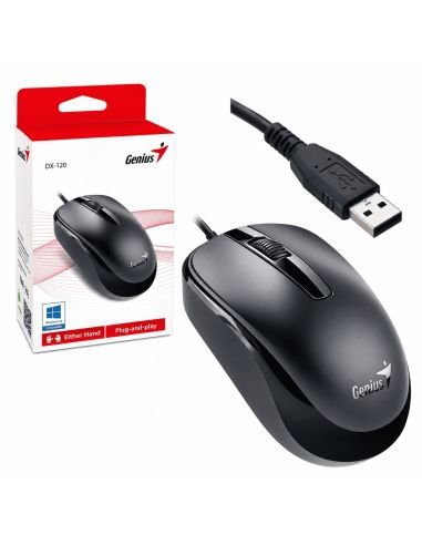 Caja original del mouse Genius DX-120 junto al producto y su conector USB