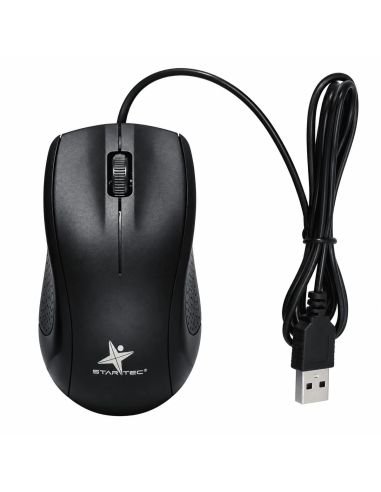 Mouse alambrico Star Tec negro visto desde arriba, con el cable USB enrollado
