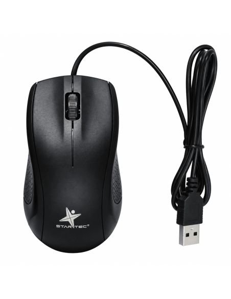 Mouse alambrico Star Tec negro visto desde arriba, con el cable USB enrollado