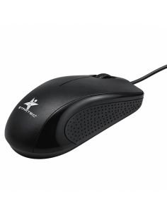 Mouse alambrico Star Tec negro visto desde arriba, con el cable USB enrollado 2