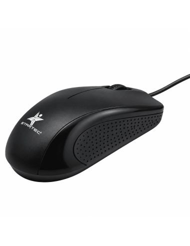 Mouse alambrico Star Tec negro en tres cuartos, con la textura antideslizante del costado
