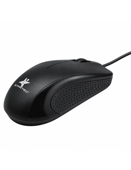 Mouse alambrico Star Tec negro en tres cuartos, con la textura antideslizante del costado