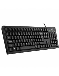 Teclado Genius Smart KB-100 negro en vista de tres cuartos, con los indicadores num, caps y scroll encendidos