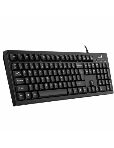 Teclado Genius Smart KB-100 negro en vista de tres cuartos, con los indicadores num, caps y scroll encendidos