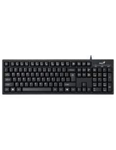 Teclado Genius Smart KB-100 negro en vista de tres cuartos, con los indicadores num, caps y scroll encendidos 2