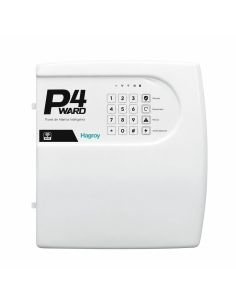 Panel de alarma Hagroy P4 WARD blanco de frente, con teclado numerico y botones de armado, desarmado y panico