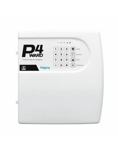 Panel de alarma Hagroy P4 WARD blanco de frente, con teclado numerico y botones de armado, desarmado y panico