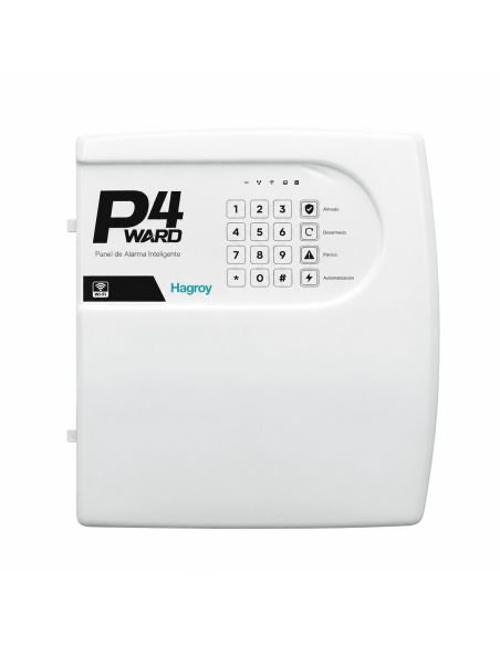Panel de alarma Hagroy P4 WARD blanco de frente, con teclado numerico y botones de armado, desarmado y panico