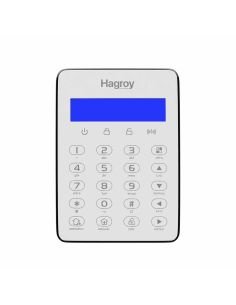 Teclado Hagroy con pantalla LCD azul, teclado alfanumerico y botones de emergencia, incendio y auxilio medico