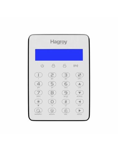 Teclado Hagroy con pantalla LCD azul, teclado alfanumerico y botones de emergencia, incendio y auxilio medico