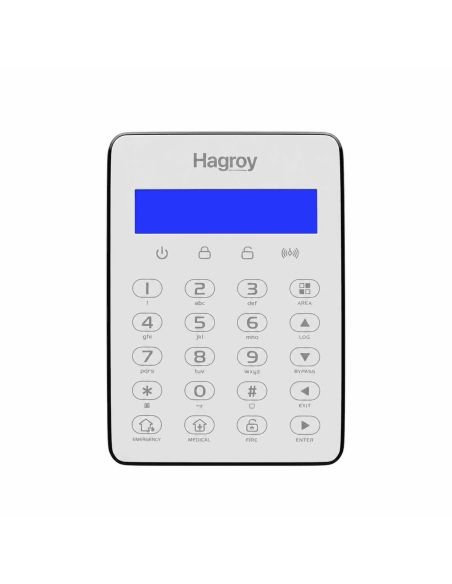 Teclado Hagroy con pantalla LCD azul, teclado alfanumerico y botones de emergencia, incendio y auxilio medico