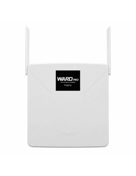 Panel de alarma Hagroy WARD PRO blanco con dos antenas, visto de frente