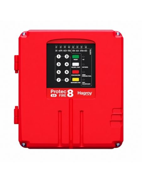Panel contra incendio Hagroy Protec Fire 8 2.0 con teclado de 8 zonas y botones de reset, evacuacion y silencio