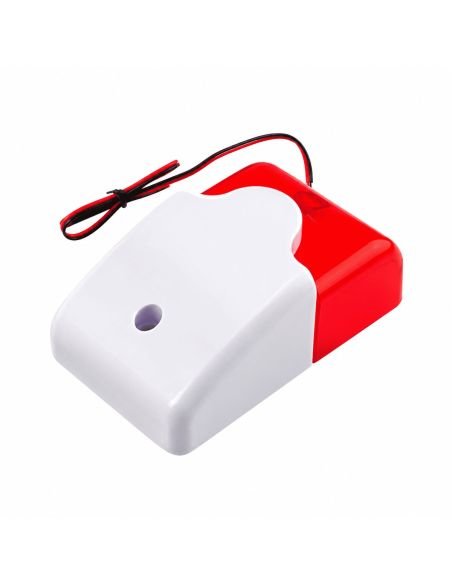 Sirena estrobo Hagroy EPA-735 con carcasa blanca, lente rojo y cable de dos hilos