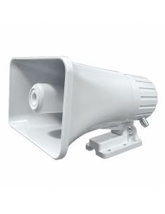 Parlante tipo trompeta blanco para exterior, vista frontal en angulo con el soporte orientable
