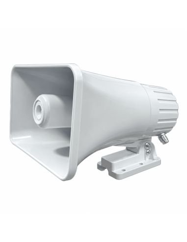 Parlante tipo trompeta blanco para exterior, vista frontal en angulo con el soporte orientable