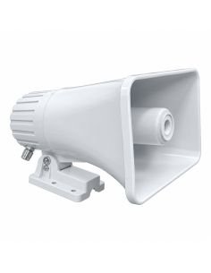 Parlante tipo trompeta blanco para exterior, vista frontal en angulo con el soporte orientable 2