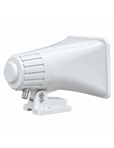 Perfil del parlante tipo trompeta, se ve la bocina completa y la base orientable de dos agujeros