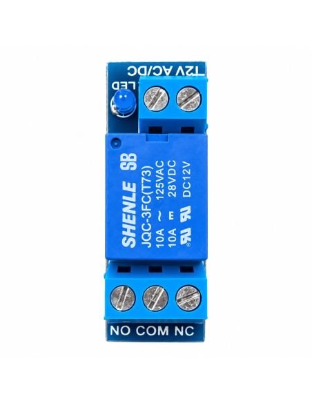 Modulo rele visto de canto, con el led indicador y las dos borneras de alimentacion y salida