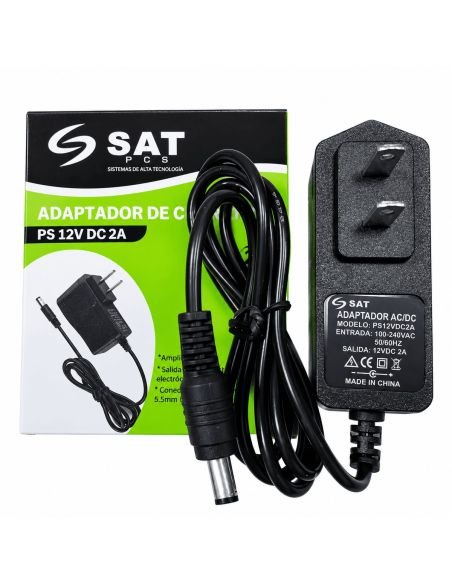 Adaptador SAT PS12VDC2A junto a su caja: entrada 100-240VAC, salida 12VDC 2A