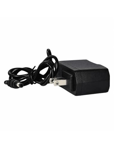 Adaptador SAT 12V 2A de perfil: cuerpo negro, pines planos y cable enrollado