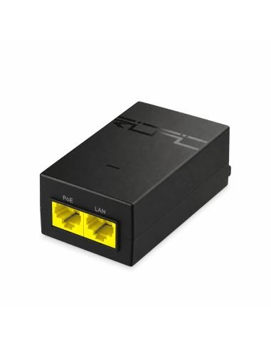 Inyector PoE Reyee RG-POE-AF15 en angulo, con sus dos puertos RJ45 amarillos