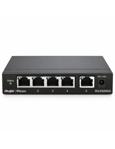 Switch PoE Reyee RG-ES205GC-P 5 Puertos Gigabit 54W, referencia RG-ES205GC-P, detalle de conectores y puertos