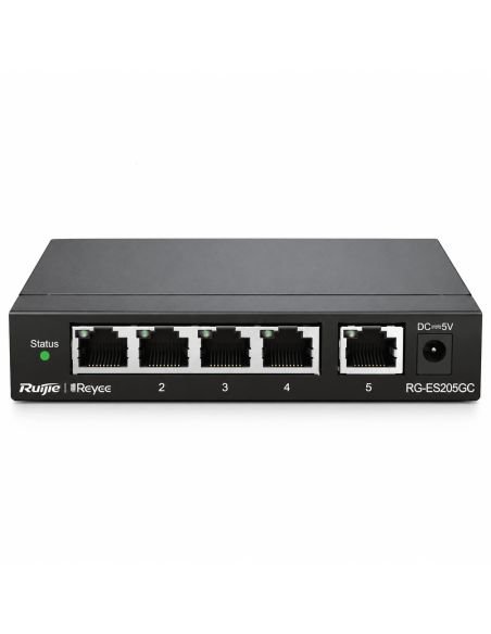 Switch PoE Reyee RG-ES205GC-P 5 Puertos Gigabit 54W, referencia RG-ES205GC-P, detalle de conectores y puertos