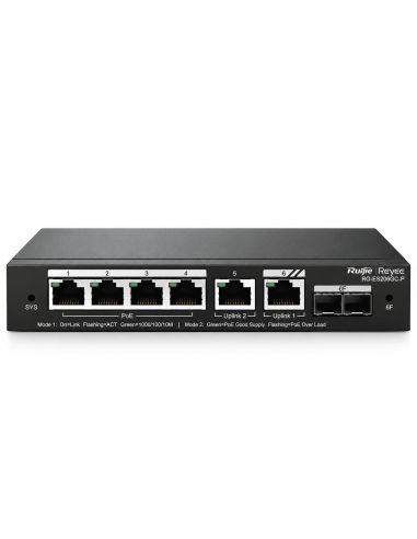 Switch PoE Reyee RG-ES206GS-P 6 Puertos Gigabit SFP 54W, referencia RG-ES206GS-P, detalle de conectores y puertos
