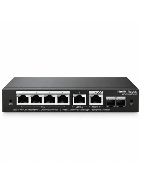 Switch PoE Reyee RG-ES206GS-P 6 Puertos Gigabit SFP 54W, referencia RG-ES206GS-P, detalle de conectores y puertos