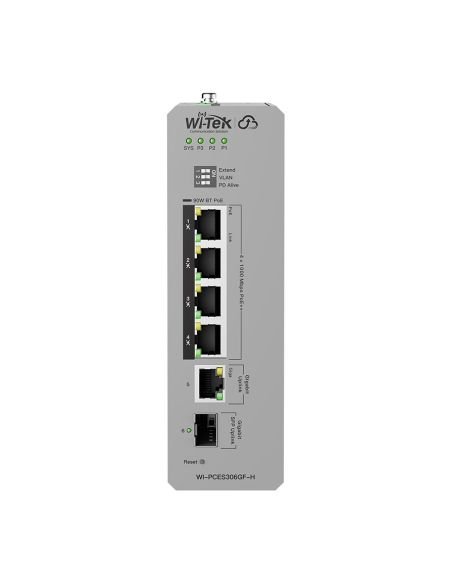 Switch PoE Industrial Wi-Tek WI-PCES306GF-H 4 Puertos Gigabit 802.3bt Riel DIN, vista 3