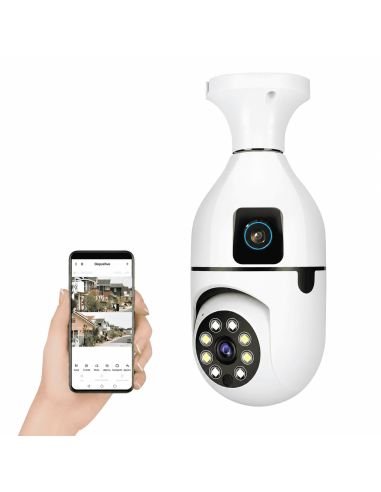 Cámara Bombillo Robot Doble Lente 1.3MP, referencia B380-E27L, detalle de conectores y puertos