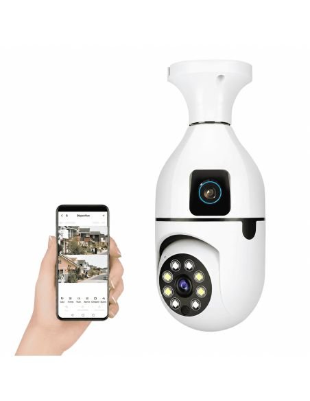 Cámara Bombillo Robot Doble Lente 1.3MP, referencia B380-E27L, detalle de conectores y puertos