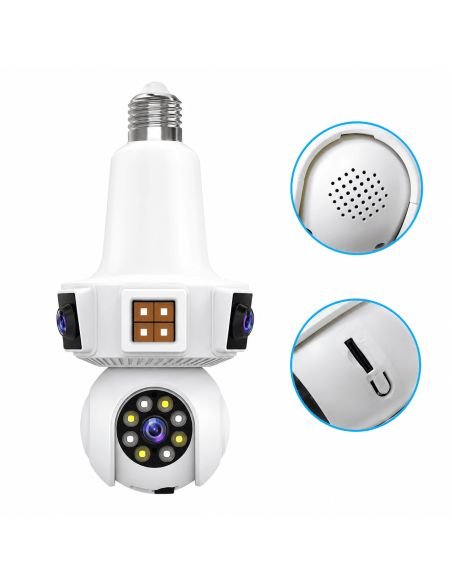 Cámara Bombillo Robot 3 Lentes 6MP V380 Pro, referencia IPC-E23-WF-6MP, vista en ángulo