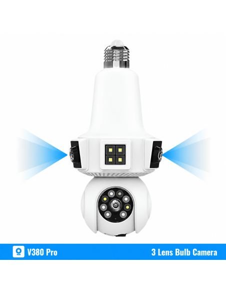 Cámara Bombillo Robot 3 Lentes 6MP V380 Pro, referencia IPC-E23-WF-6MP, detalle de conectores y puertos